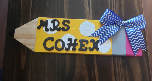 Personalised Pencil Shaped Pencil Holder with Polka Dots - Optional Bow in School Colors - Mascot Background Options - Teacher Gift