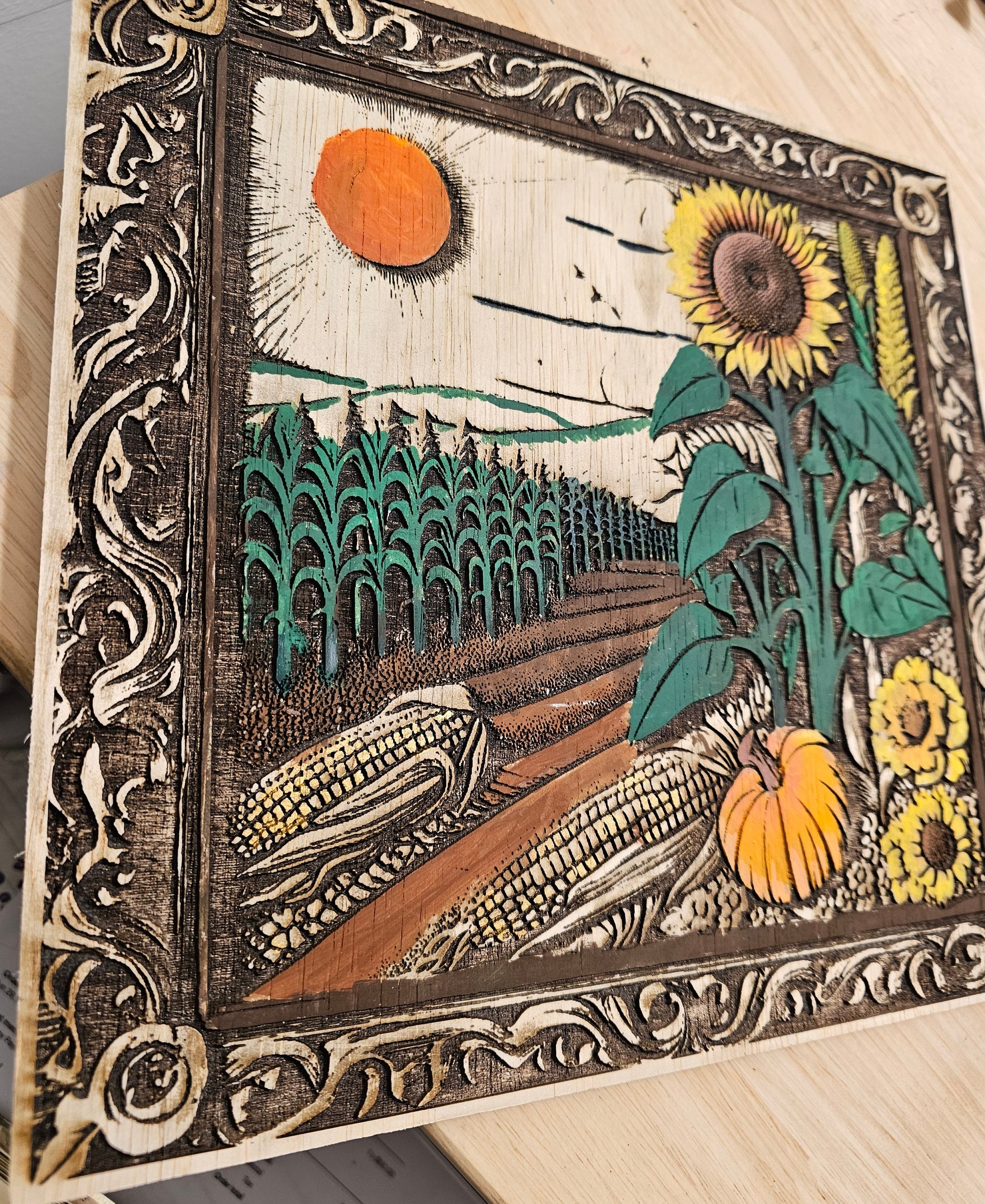 Hand Painted Art Piece, Digitally Created Art that is Laser Engraved into Wood - Corn Fields & Sunflowers Visions of Kansas