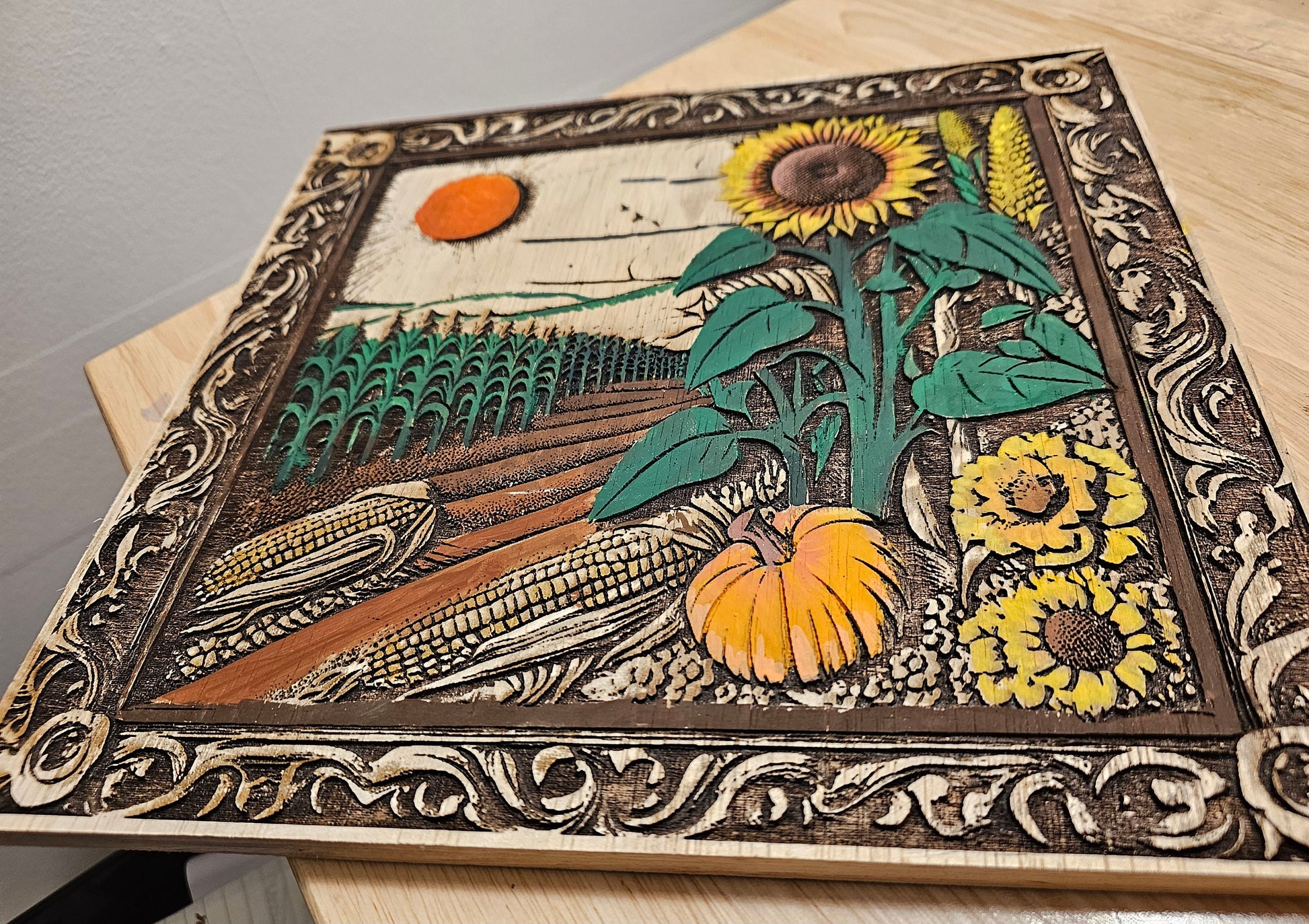 Hand Painted Art Piece, Digitally Created Art that is Laser Engraved into Wood - Corn Fields & Sunflowers Visions of Kansas