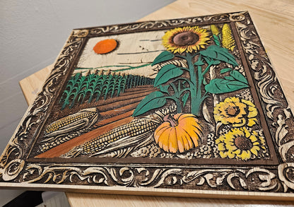 Hand Painted Art Piece, Digitally Created Art that is Laser Engraved into Wood - Corn Fields & Sunflowers Visions of Kansas