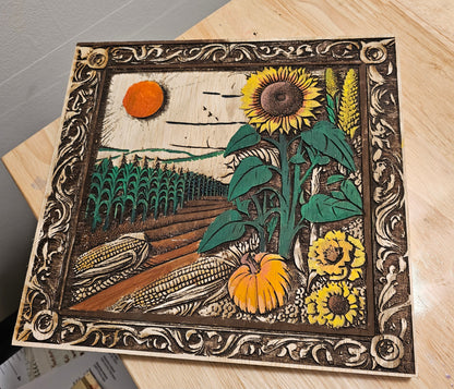 Hand Painted Art Piece, Digitally Created Art that is Laser Engraved into Wood - Corn Fields & Sunflowers Visions of Kansas