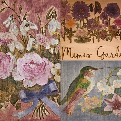 Custom Floral Arrangement Engraved art piece - Unique Gift - personalized hand painted with flowers or birds, Watercolor bird art
