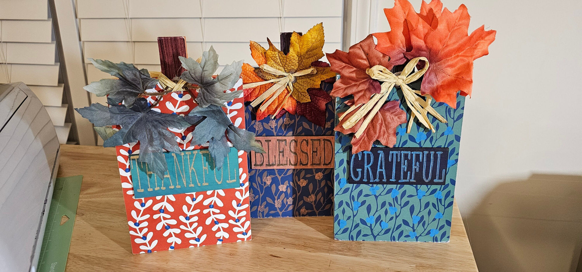Autumn Thanksgiving Table Centerpiece: Pumpkin-Shaped Grateful, Thankful, and Blessed Signs Bundle