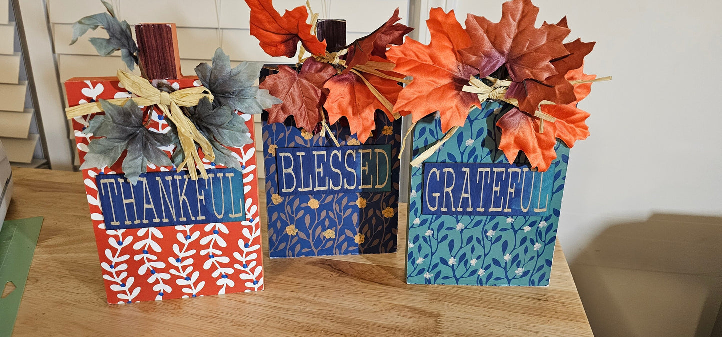 Autumn Thanksgiving Table Centerpiece: Pumpkin-Shaped Grateful, Thankful, and Blessed Signs Bundle