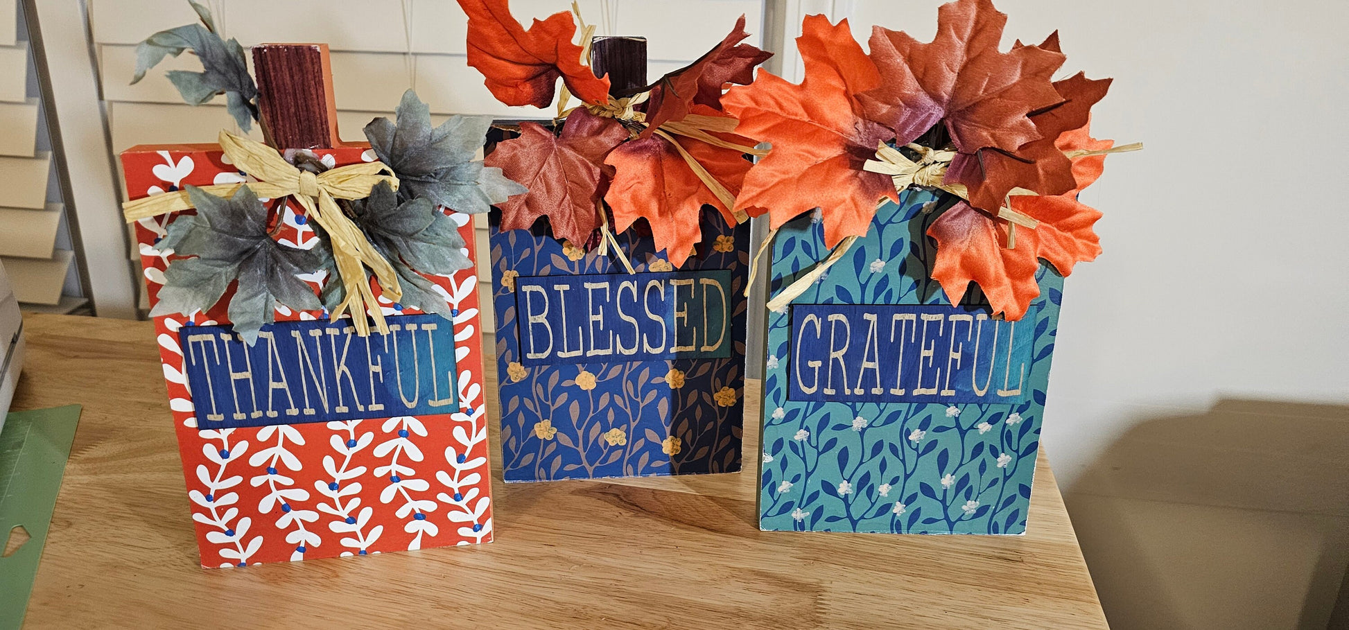 Autumn Thanksgiving Table Centerpiece: Pumpkin-Shaped Grateful, Thankful, and Blessed Signs Bundle