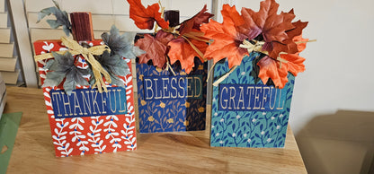 Autumn Thanksgiving Table Centerpiece: Pumpkin-Shaped Grateful, Thankful, and Blessed Signs Bundle