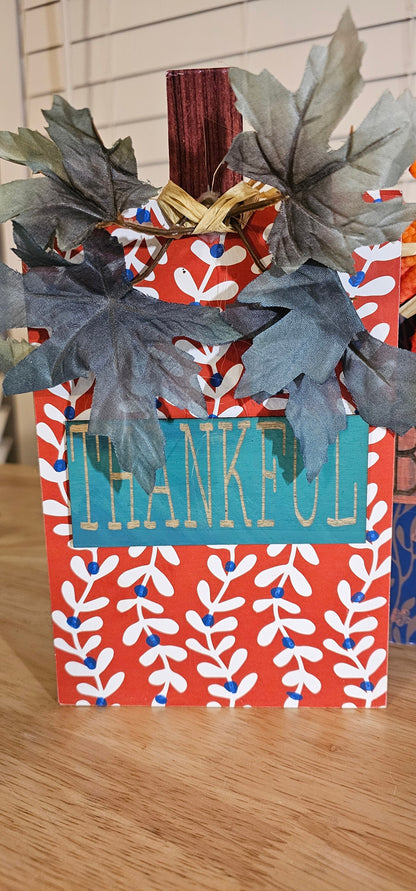 Autumn Thanksgiving Table Centerpiece: Pumpkin-Shaped Grateful, Thankful, and Blessed Signs Bundle