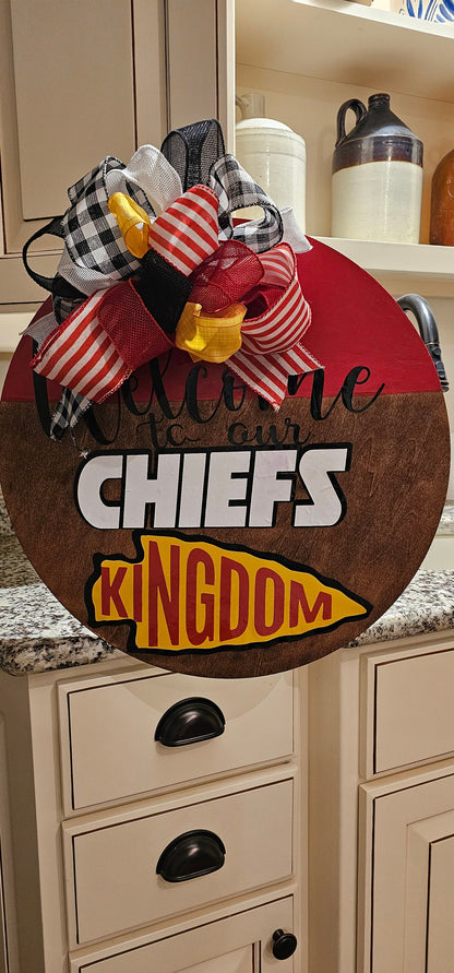 Kansas City Chiefs Welcome Sign Door Hanger Chiefs Vinyl Design with a Giant Bow, 2 styles Gift for Chiefs Fan