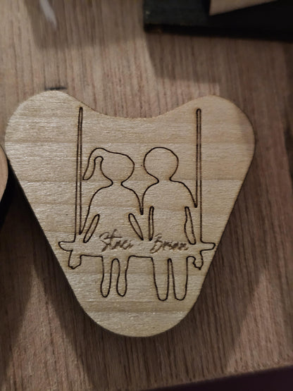 Personalized Wood Cutout Hearts, Engraved love birds in a tree or couple on a swing, pocket hug, 1 inch, lovers gift  anniversary gift