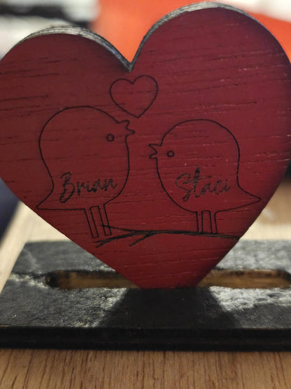 Personalized Wood Cutout Hearts, Engraved love birds in a tree or couple on a swing, pocket hug, 1 inch, lovers gift  anniversary gift