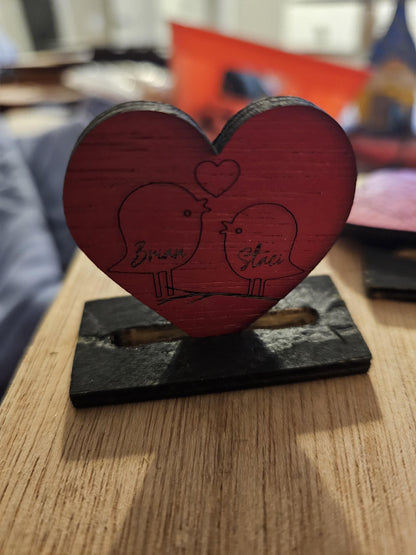 Personalized Wood Cutout Hearts, Engraved love birds in a tree or couple on a swing, pocket hug, 1 inch, lovers gift  anniversary gift