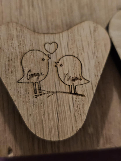 Personalized Wood Cutout Hearts, Engraved love birds in a tree or couple on a swing, pocket hug, 1 inch, lovers gift  anniversary gift