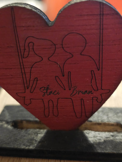 Personalized Wood Cutout Hearts, Engraved love birds in a tree or couple on a swing, pocket hug, 1 inch, lovers gift  anniversary gift