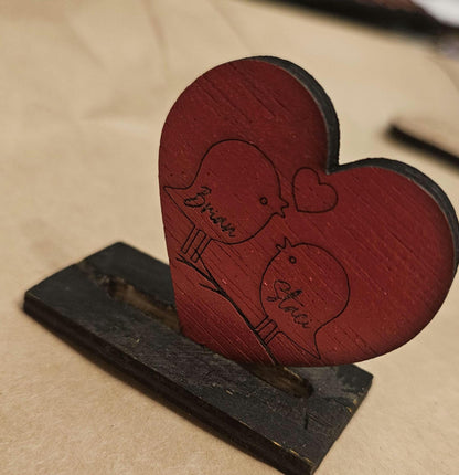 Personalized Wood Cutout Hearts, Engraved love birds in a tree or couple on a swing, pocket hug, 1 inch, lovers gift  anniversary gift