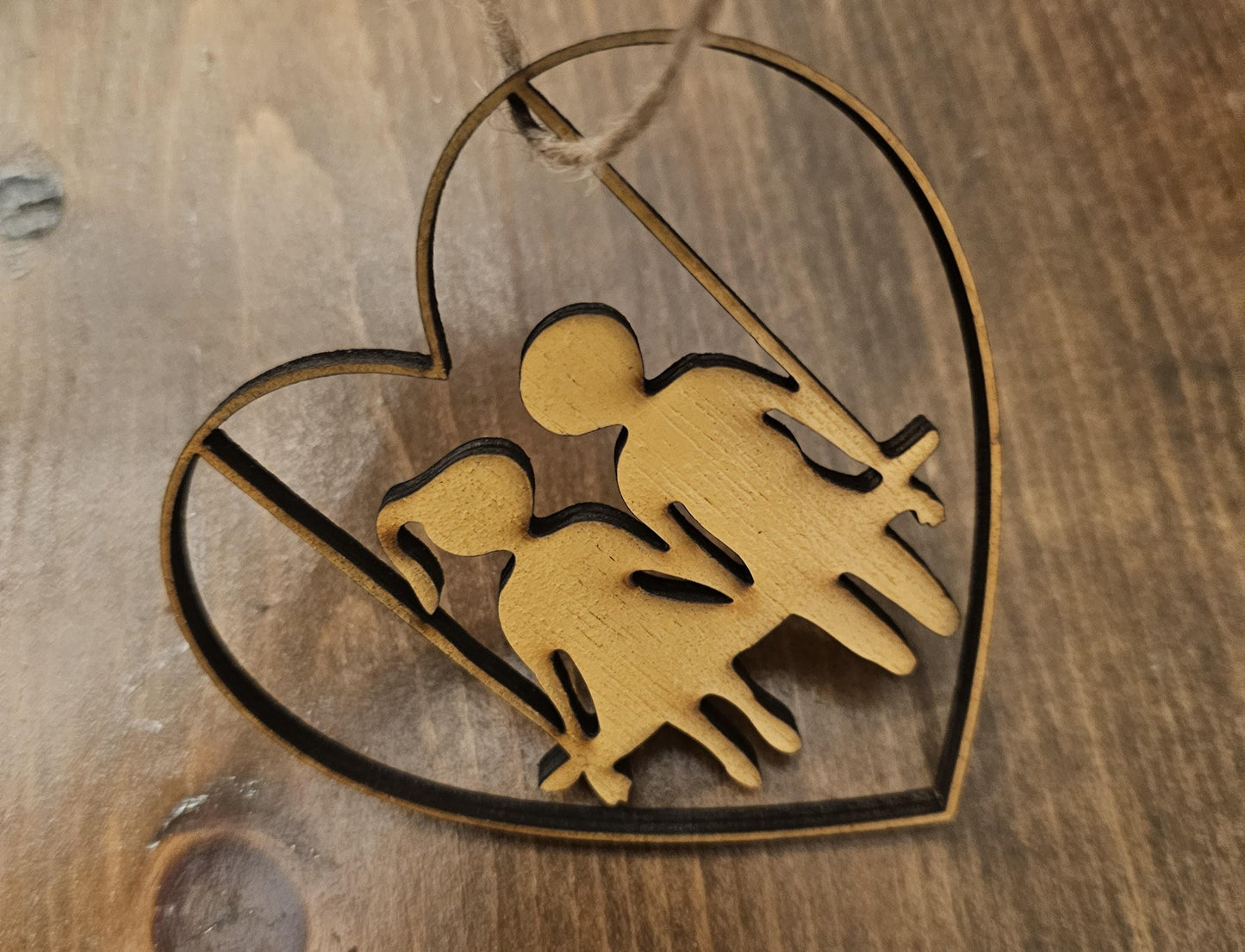 Personalized Wooden Heart Ornament Couple on Swing - Anniversary Gift for