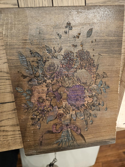 Custom Floral Arrangement Engraved art piece - Unique Gift - personalized hand painted with flowers or birds, Watercolor bird art