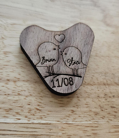 Personalized Wood Cutout Hearts, Engraved love birds in a tree or couple on a swing, pocket hug, 1 inch, lovers gift  anniversary gift
