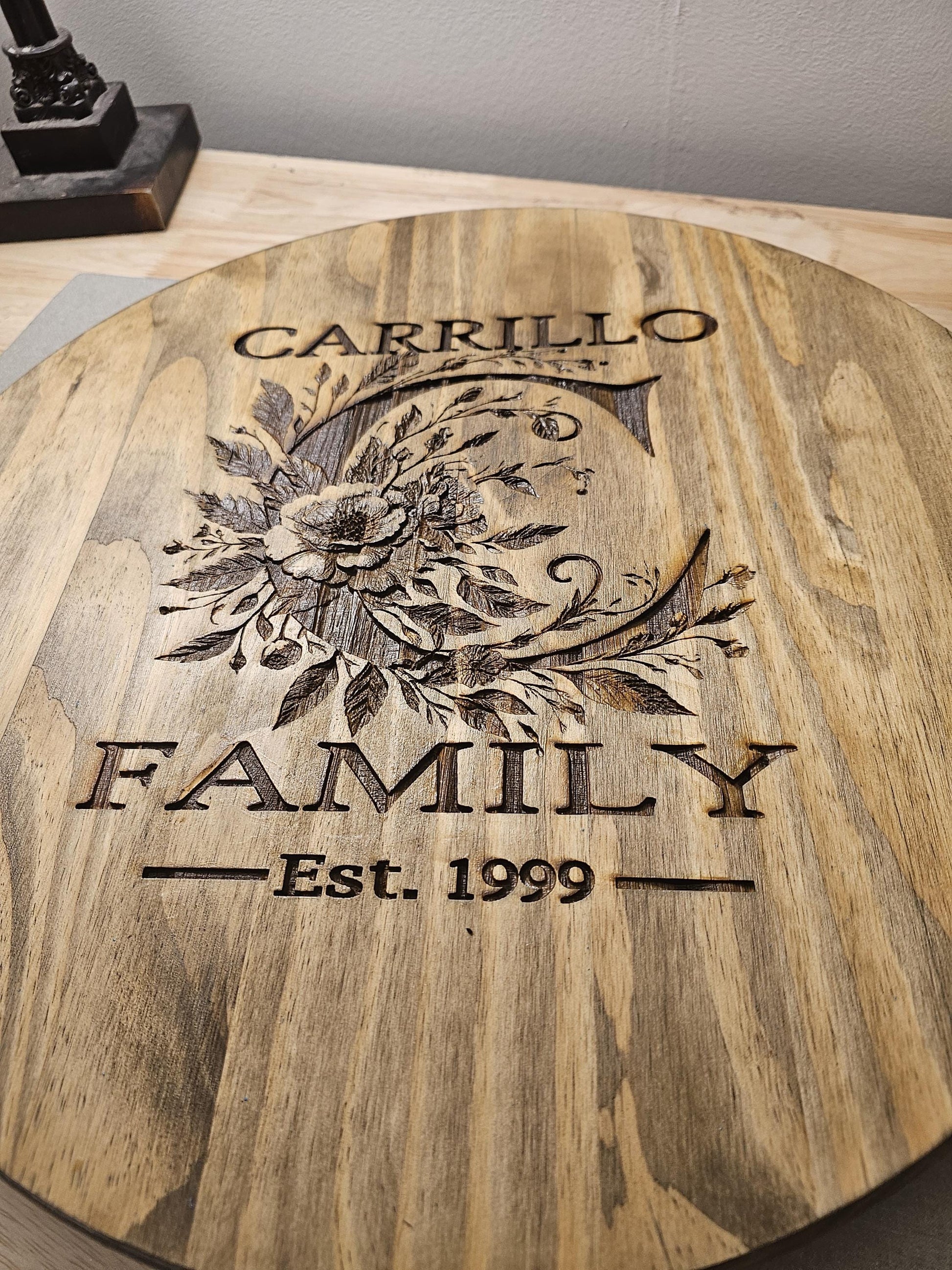 Personalized Lazy Susan with Customized Monogram - Laser Engraved, Stained & Sealed Decorative Serving Tray Gift