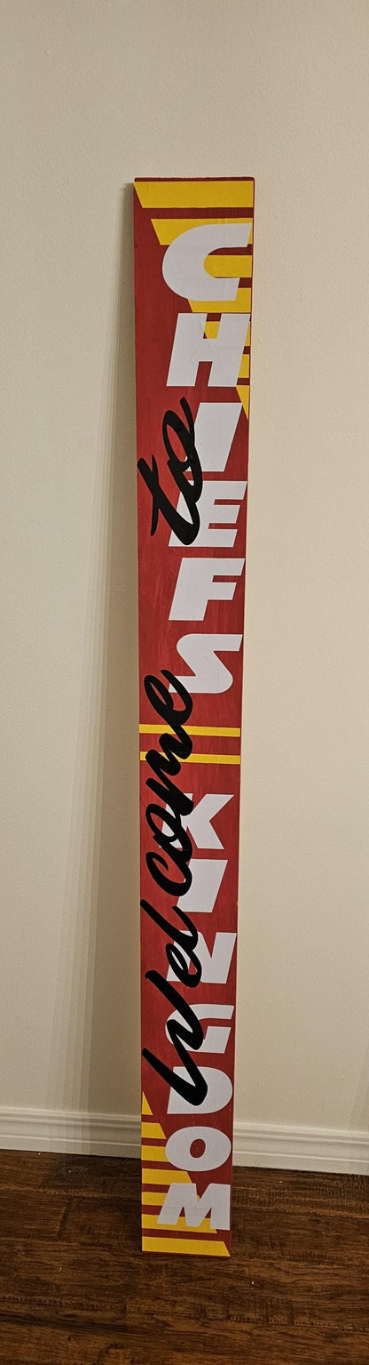 Two sided KC Chiefs and Kansas City Royals Porch Welcome Sign Leaner 6 Design Options for Chiefs and 3 for Royals