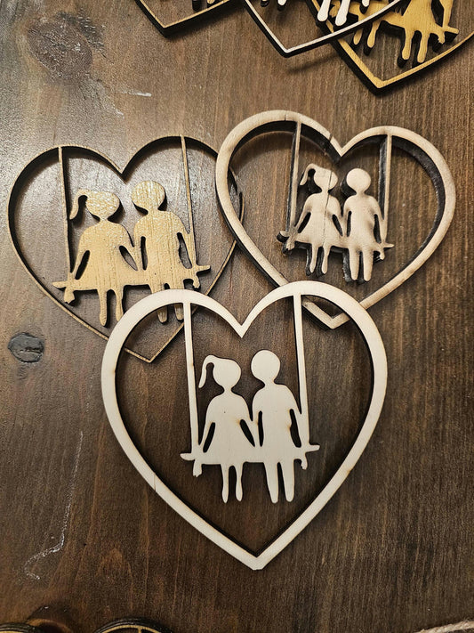 Personalized Wooden Heart Ornament Couple on Swing - Anniversary Gift for