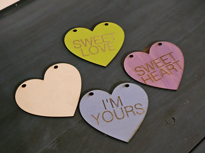 Conversation Hearts Garland, 6 foot Hearts Banner, 10 Customizable wooden Hanging Hearts, Pastel Colors, Valentine's Day Decor