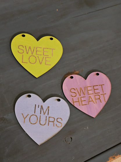 Conversation Hearts Garland, 6 foot Hearts Banner, 10 Customizable wooden Hanging Hearts, Pastel Colors, Valentine's Day Decor