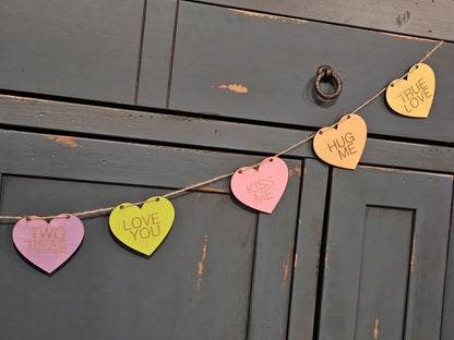 Conversation Hearts Garland, 6 foot Hearts Banner, 10 Customizable wooden Hanging Hearts, Pastel Colors, Valentine's Day Decor