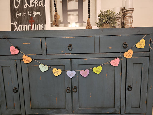 Conversation Hearts Garland, 6 foot Hearts Banner, 10 Customizable wooden Hanging Hearts, Pastel Colors, Valentine's Day Decor