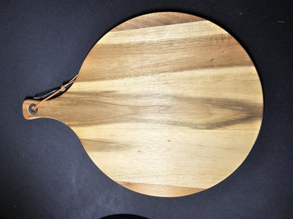 Round Charcuterie Board, 12inches, Handle, Personalized Design engraved in Acacia Wood, Pizza Serving Board, Cheese Board, Cutting Board