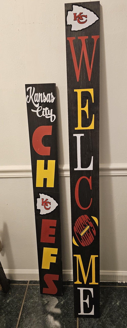 Two sided KC Chiefs and Kansas City Royals Porch Welcome Sign Leaner 6 Design Options for Chiefs and 3 for Royals