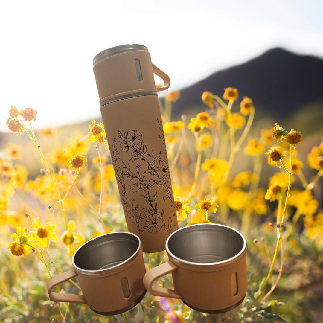 Personalized Insulated Stainless Steel Vacuum Flask with Custom Wildflower Engraving – Leakproof Hot Liquid Bottle, Gift for Her