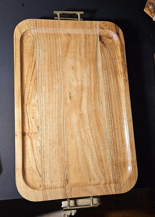 Personalized Acacia Wood Serving Tray with Gold Handles, Rectangular Customized Breakfast Tray, Elegant Tea & Snack Tray Gift