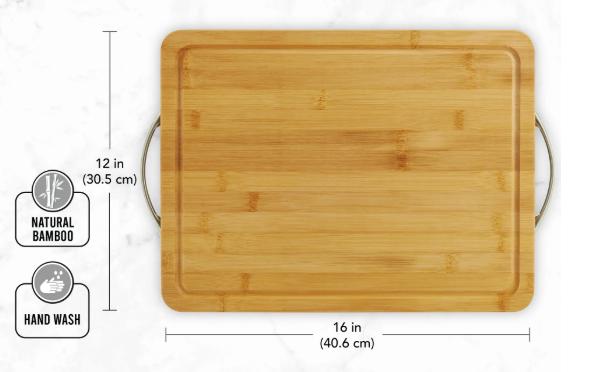 Personalized Cutting Board with Trench, Reversible Bamboo Tray with metal handles, 16x12