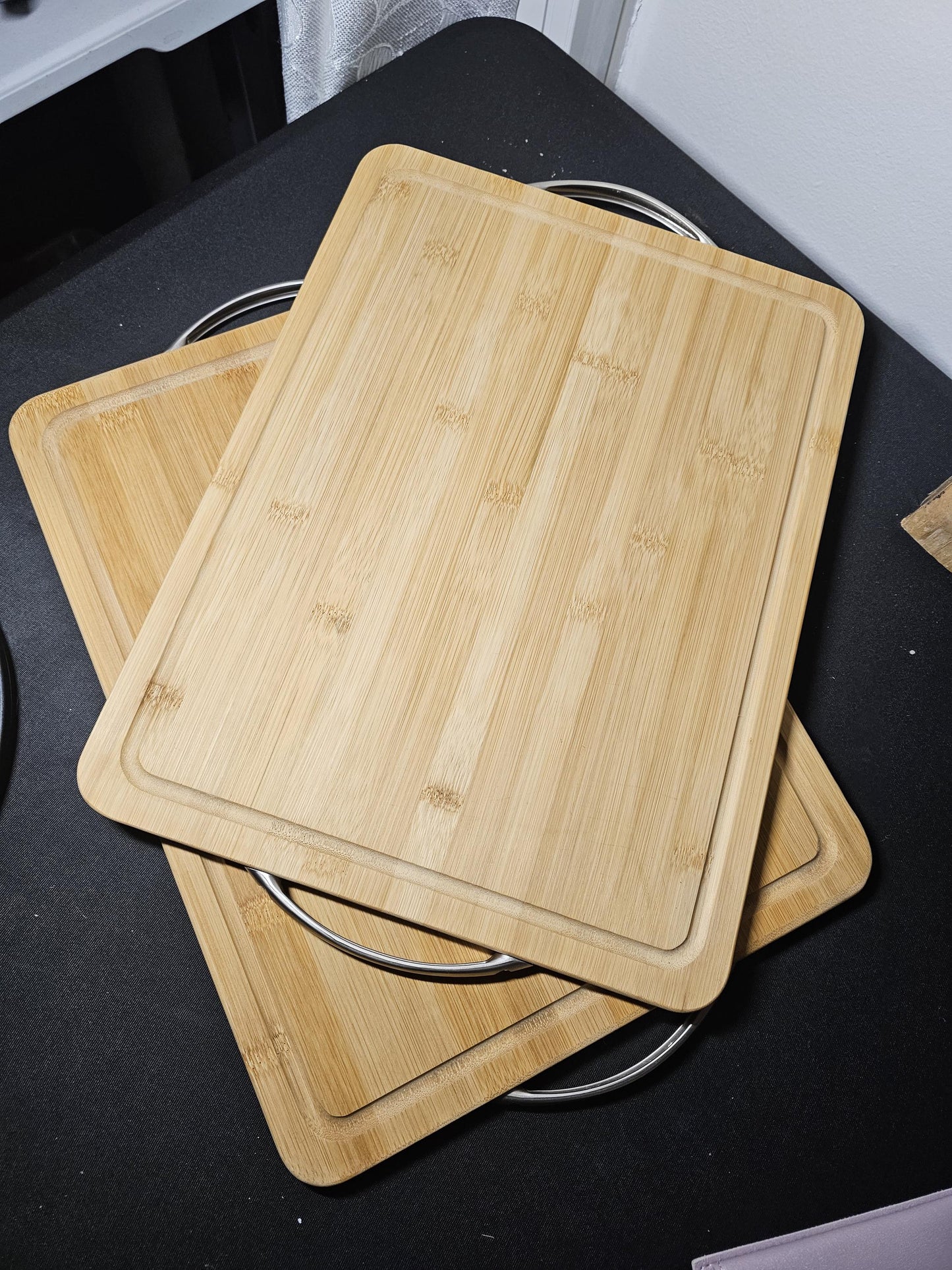 Personalized Cutting Board with Trench, Reversible Bamboo Tray with metal handles, 16x12