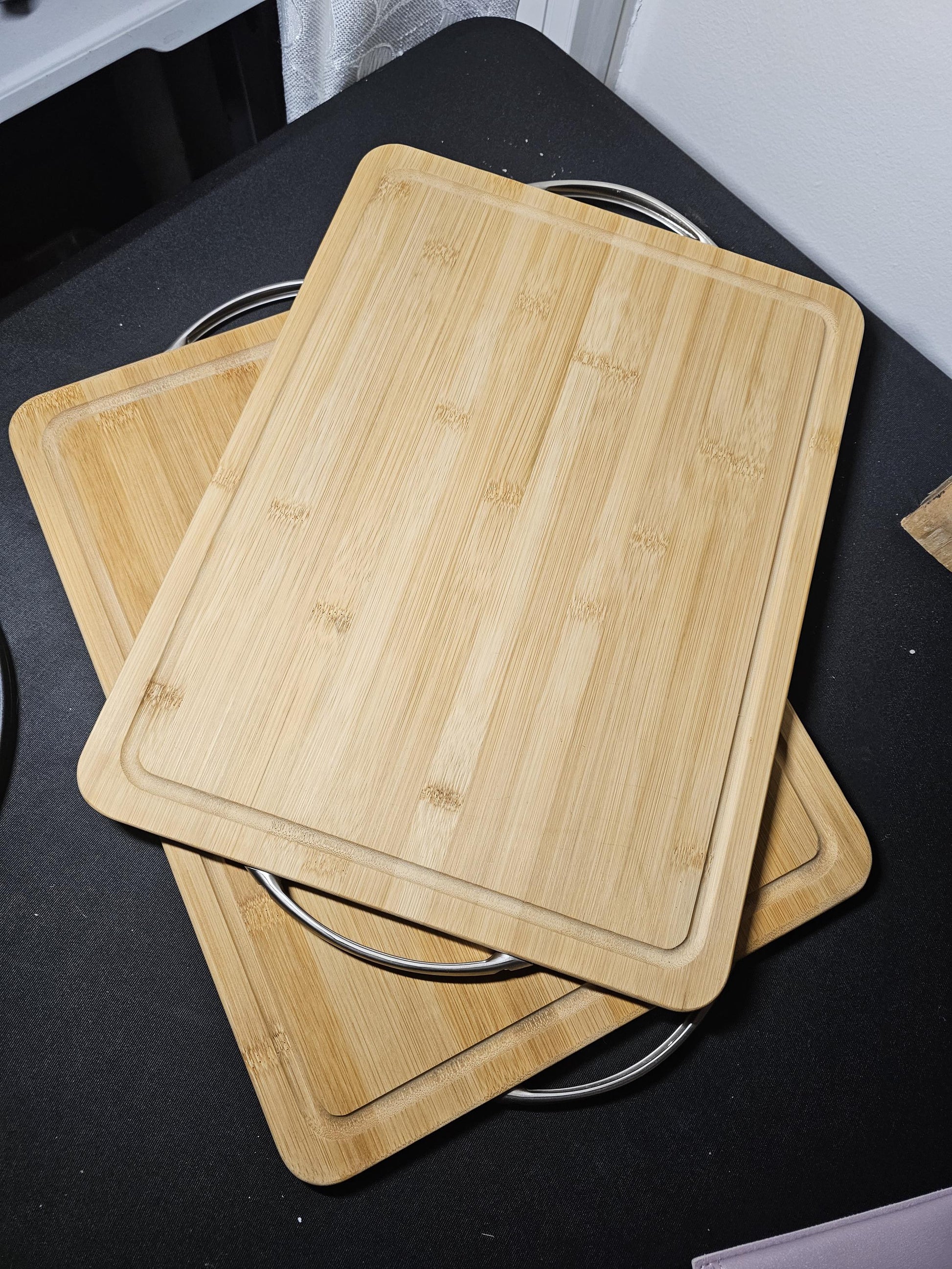 Personalized Cutting Board with Trench, Reversible Bamboo Tray with metal handles, 16x12