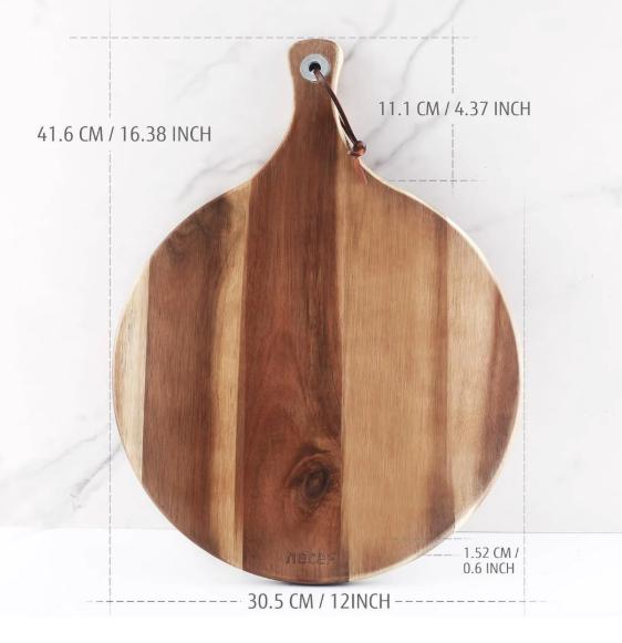 Round Charcuterie Board, 12inches, Handle, Personalized Design engraved in Acacia Wood, Pizza Serving Board, Cheese Board, Cutting Board