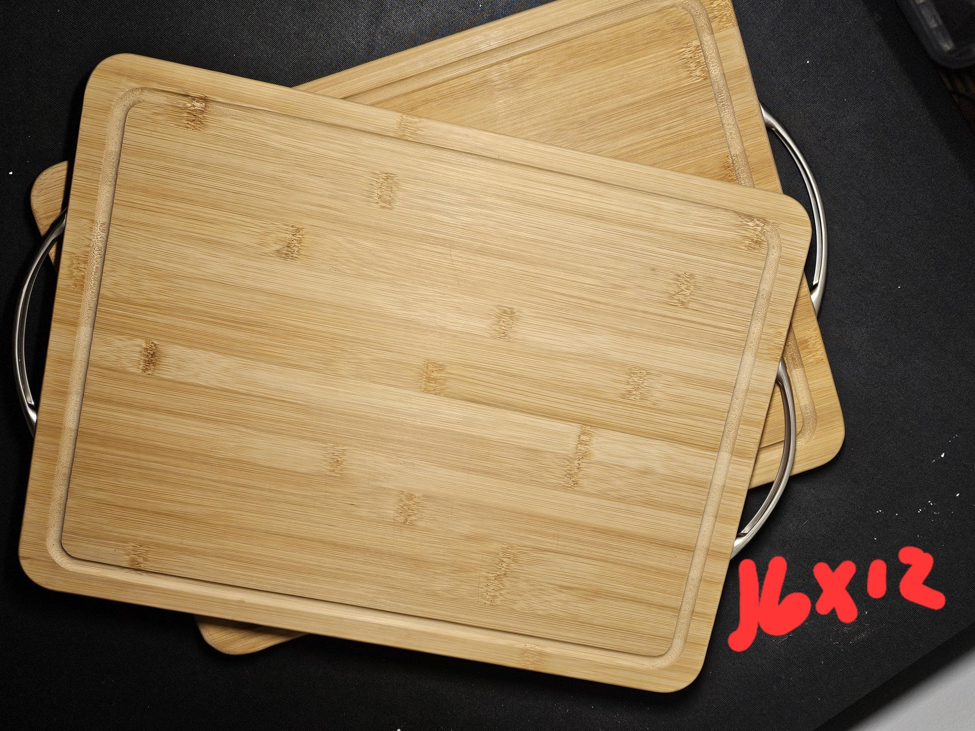 Personalized Cutting Board with Trench, Reversible Bamboo Tray with metal handles, 16x12