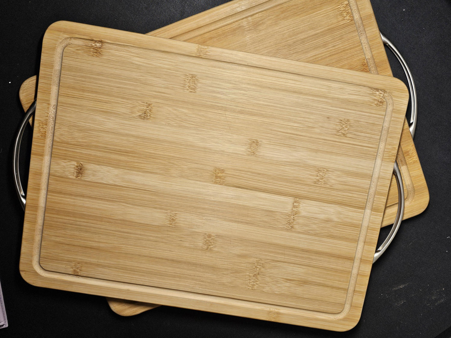 Personalized Cutting Board with Trench, Reversible Bamboo Tray with metal handles, 16x12