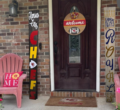 Two sided KC Chiefs and Kansas City Royals Porch Welcome Sign Leaner 6 Design Options for Chiefs and 3 for Royals