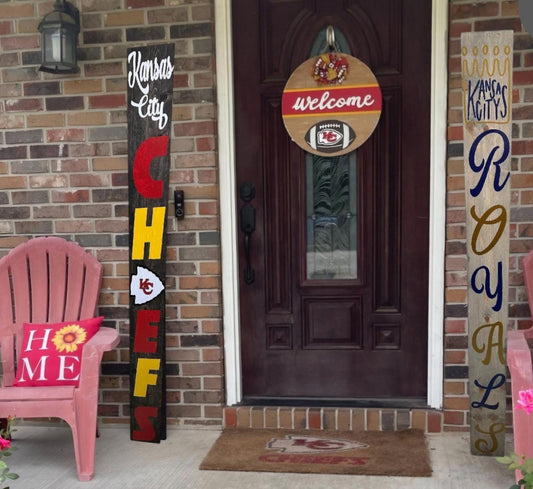 Two sided KC Chiefs and Kansas City Royals Porch Welcome Sign Leaner 6 Design Options for Chiefs and 3 for Royals