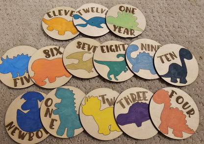 Dinosaur Theme Babies First Year Monthly Milestones, Engraved  Wooden Dinosaur Themed Photo Prop Newborn to 1 Year