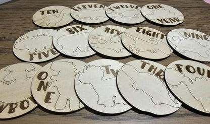 Dinosaur Theme Babies First Year Monthly Milestones, Engraved  Wooden Dinosaur Themed Photo Prop Newborn to 1 Year