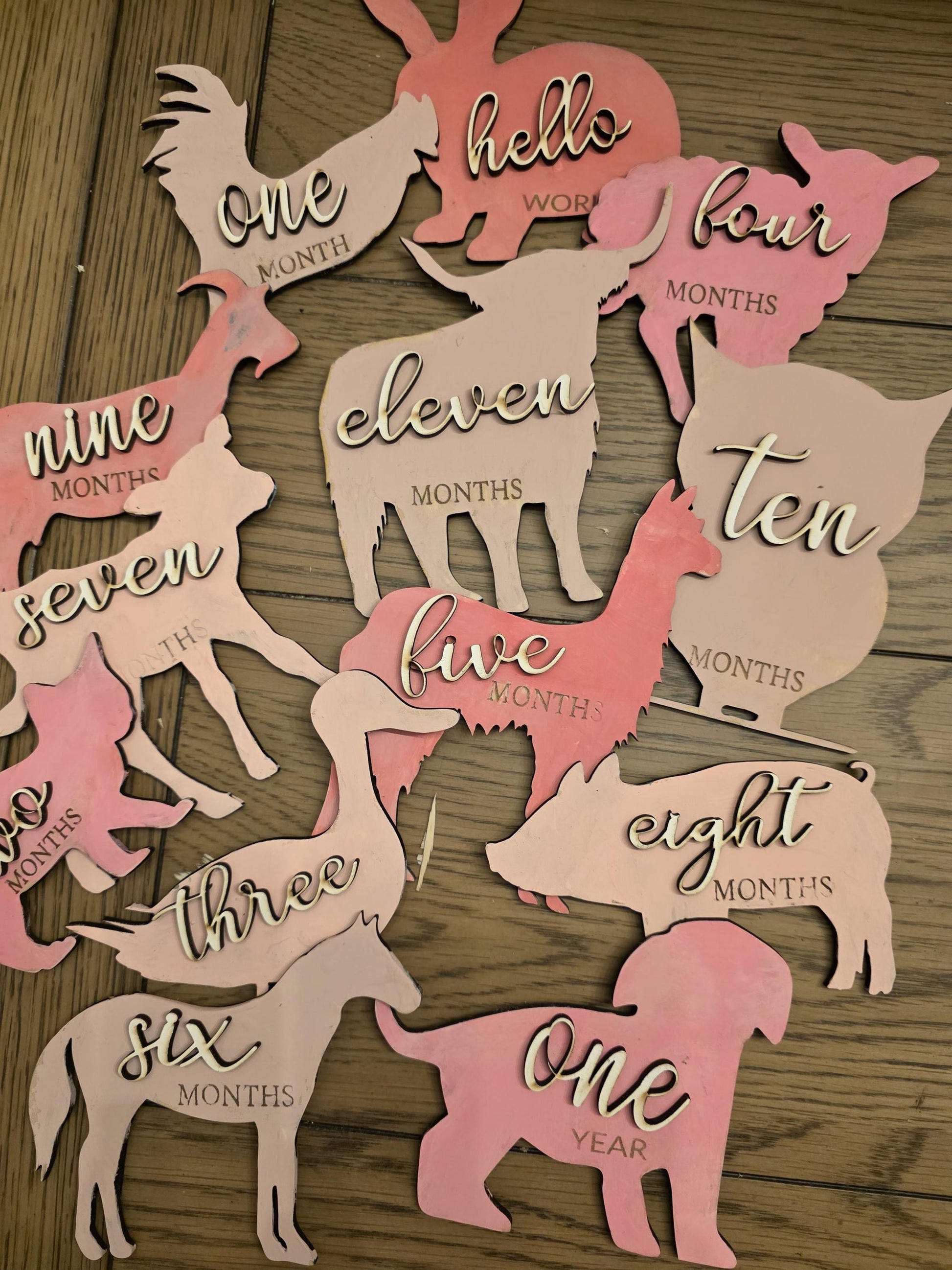 Farm Animal Shaped Monthly Milestones, 3D Wooden photo props Newborn to 1 Year - Pick any 3 colors