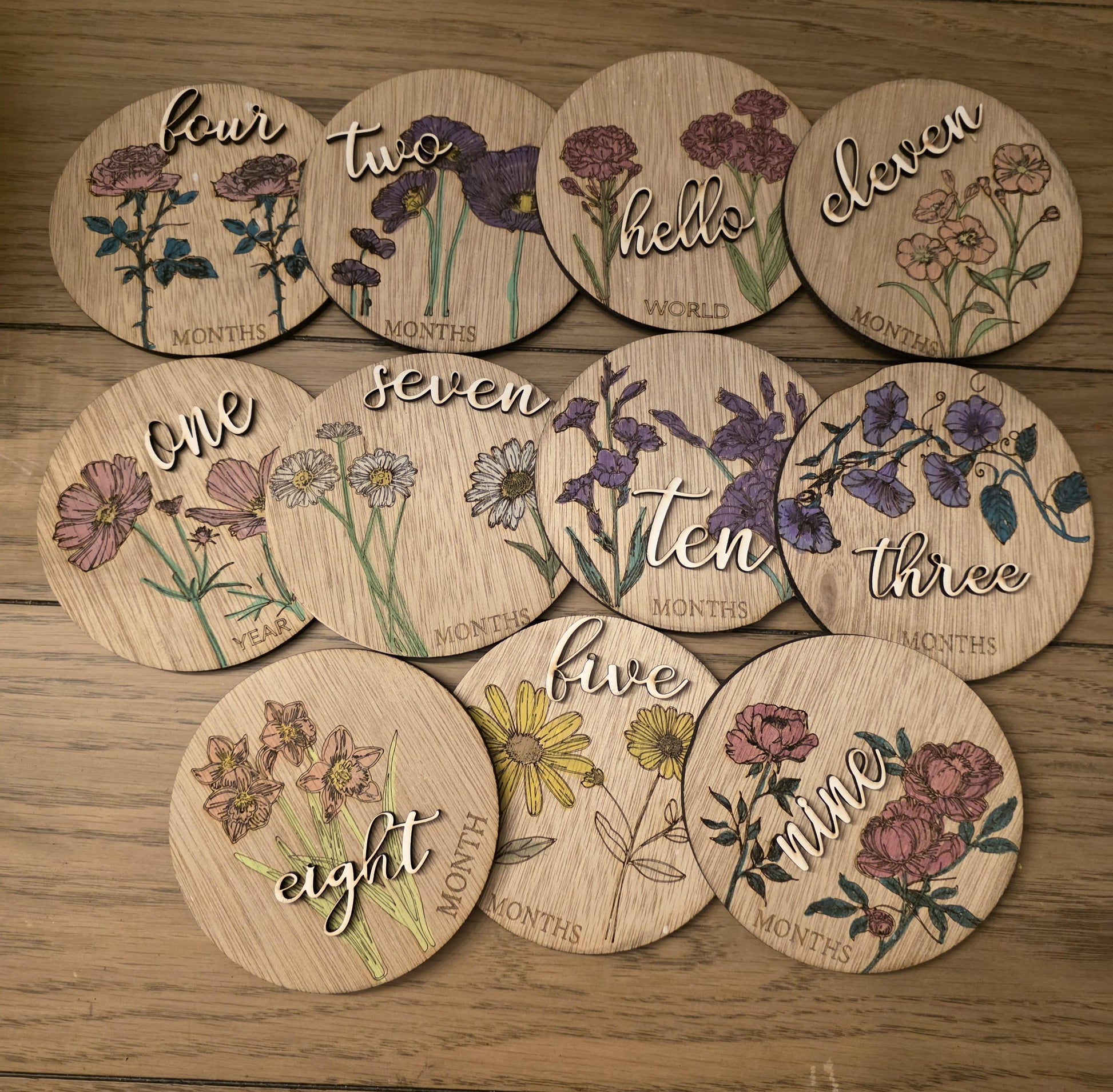 Floral Monthly Milestones, 3D Wooden Circles Photo prop Newborn to 1 Year