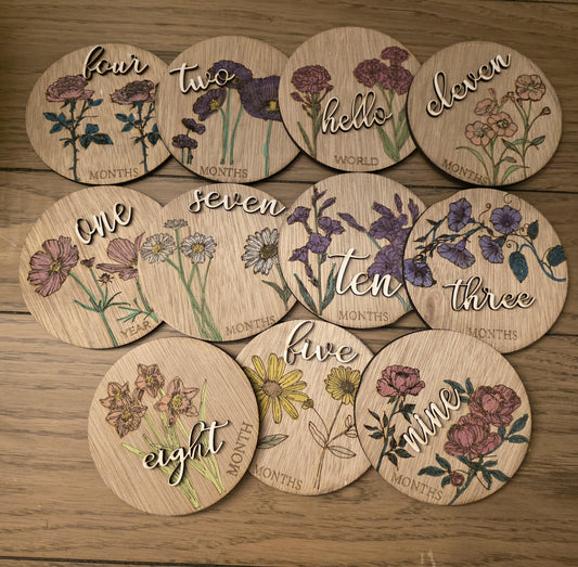 Floral Monthly Milestones, 3D Wooden Circles Photo prop Newborn to 1 Year