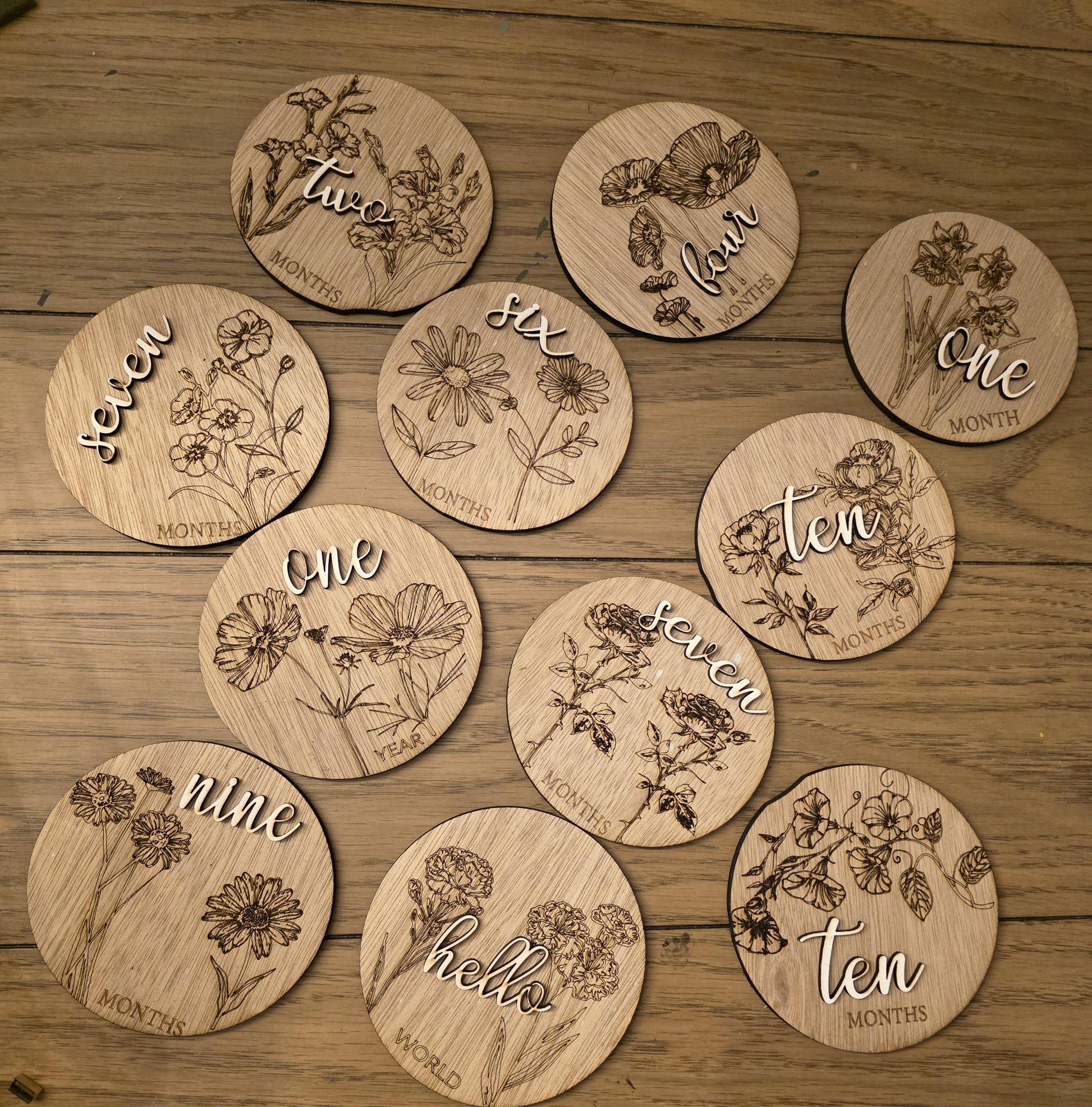 Floral Monthly Milestones, 3D Wooden Circles Photo prop Newborn to 1 Year