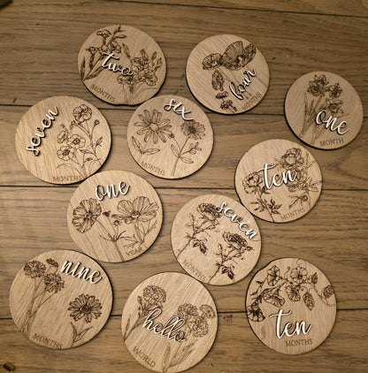 Floral Monthly Milestones, 3D Wooden Circles Photo prop Newborn to 1 Year