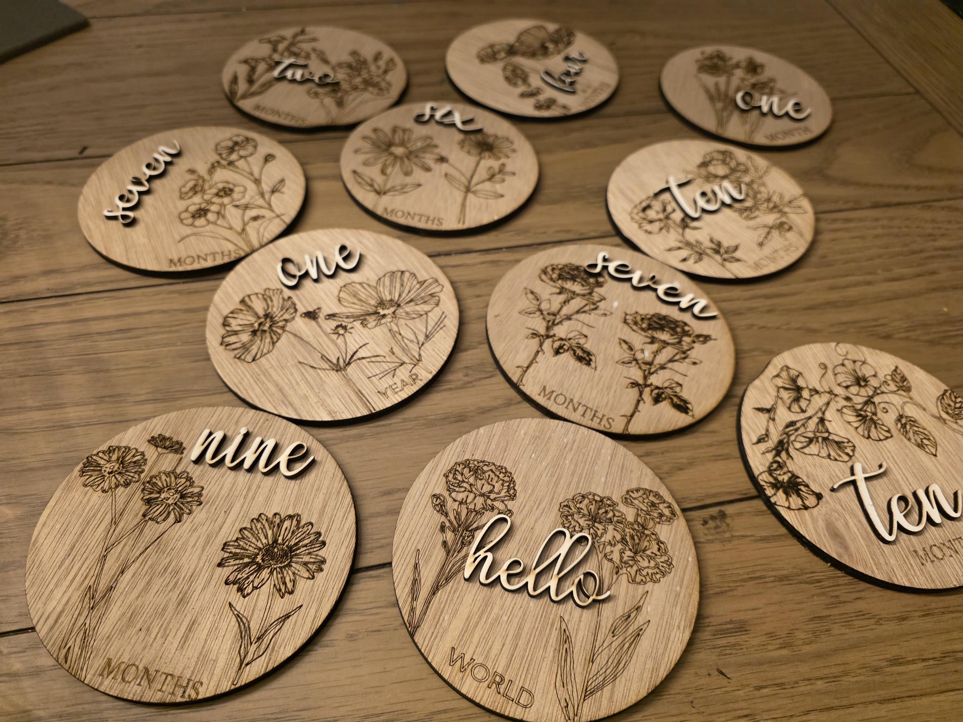 Floral Monthly Milestones, 3D Wooden Circles Photo prop Newborn to 1 Year