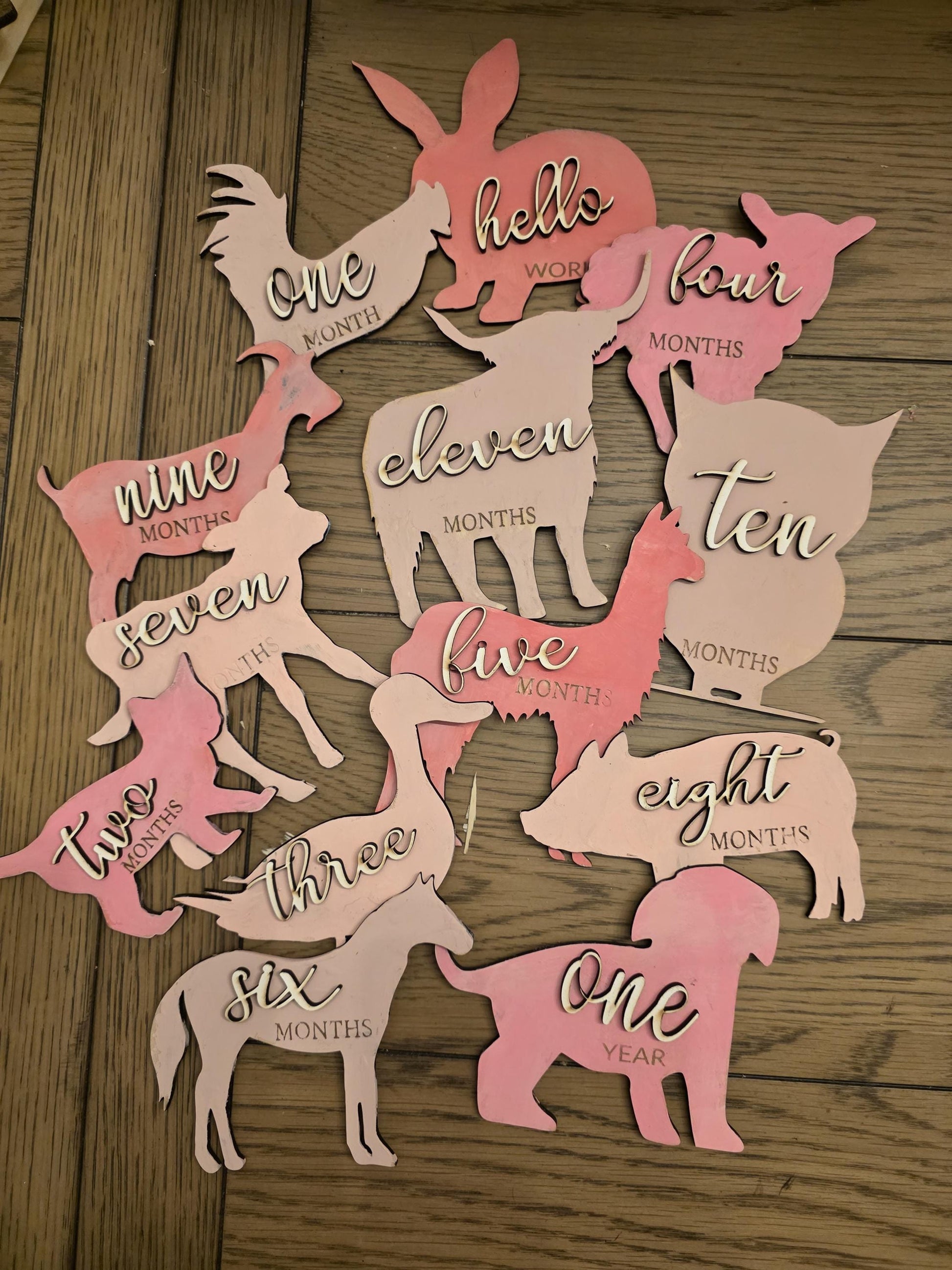 Farm Animal Shaped Monthly Milestones, 3D Wooden photo props Newborn to 1 Year - Pick any 3 colors