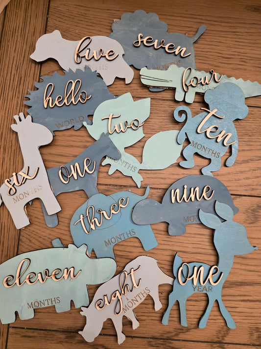 Wooden Zoo Animal Monthly Milestones Photo Props Newborn to 1 Year, 3D Baby Milestone Cards, Choose Any 3 Colors